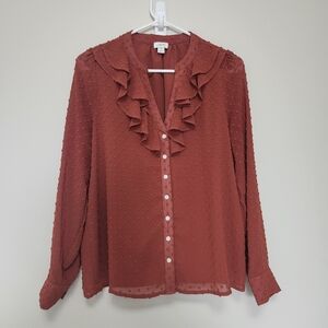 J Crew Ruffle Blouse Rusty Burnt Orange Long Sleeve Polka Dots V Neck Small